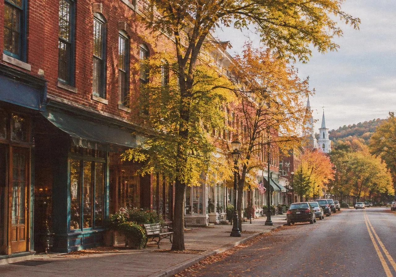New England main street with brick storefronts in early autumn