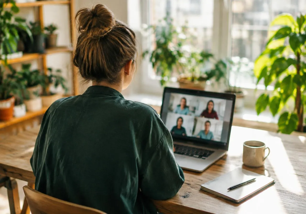 Business owner on a video call at a laptop in a bright studio