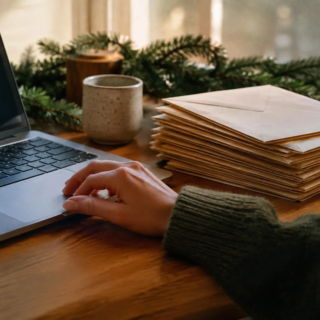 Hand on a laptop trackpad beside a stack of paid envelopes