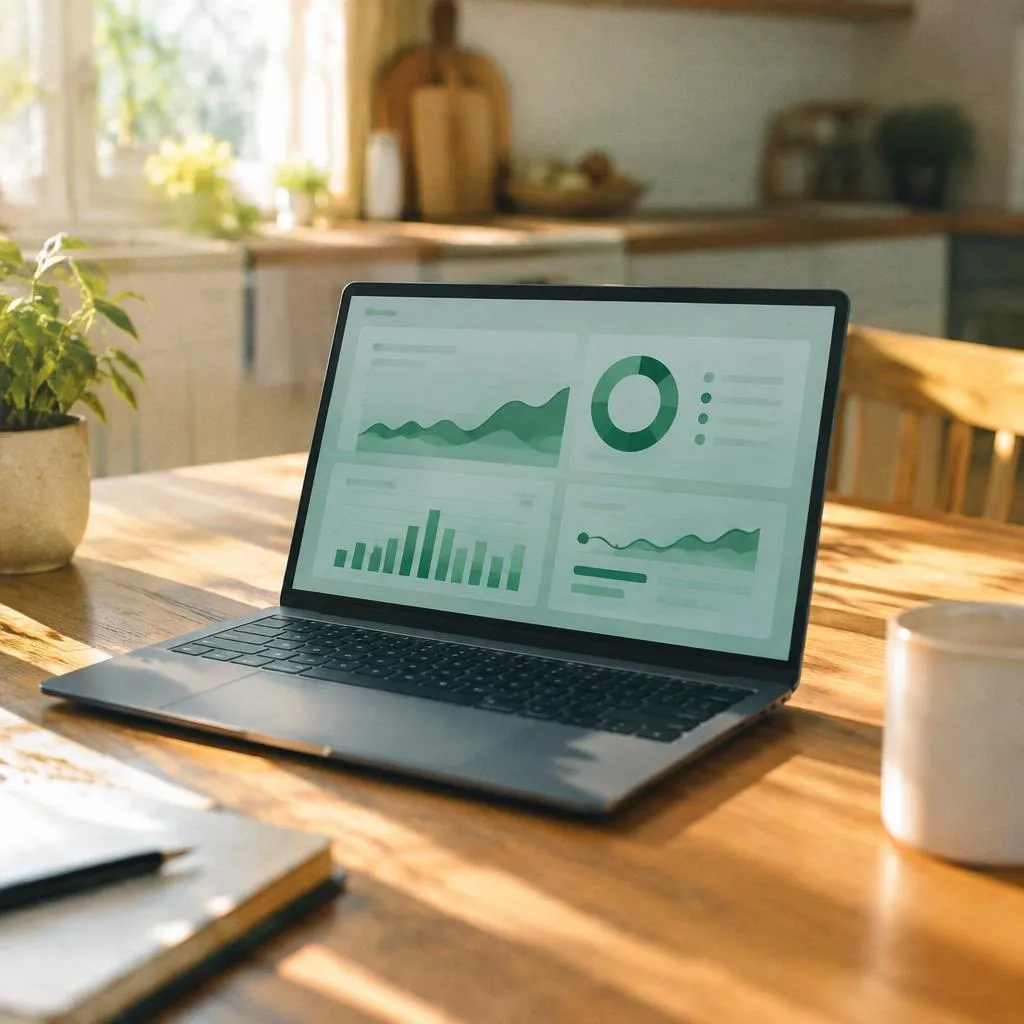 Laptop on a sunny kitchen table showing a dashboard