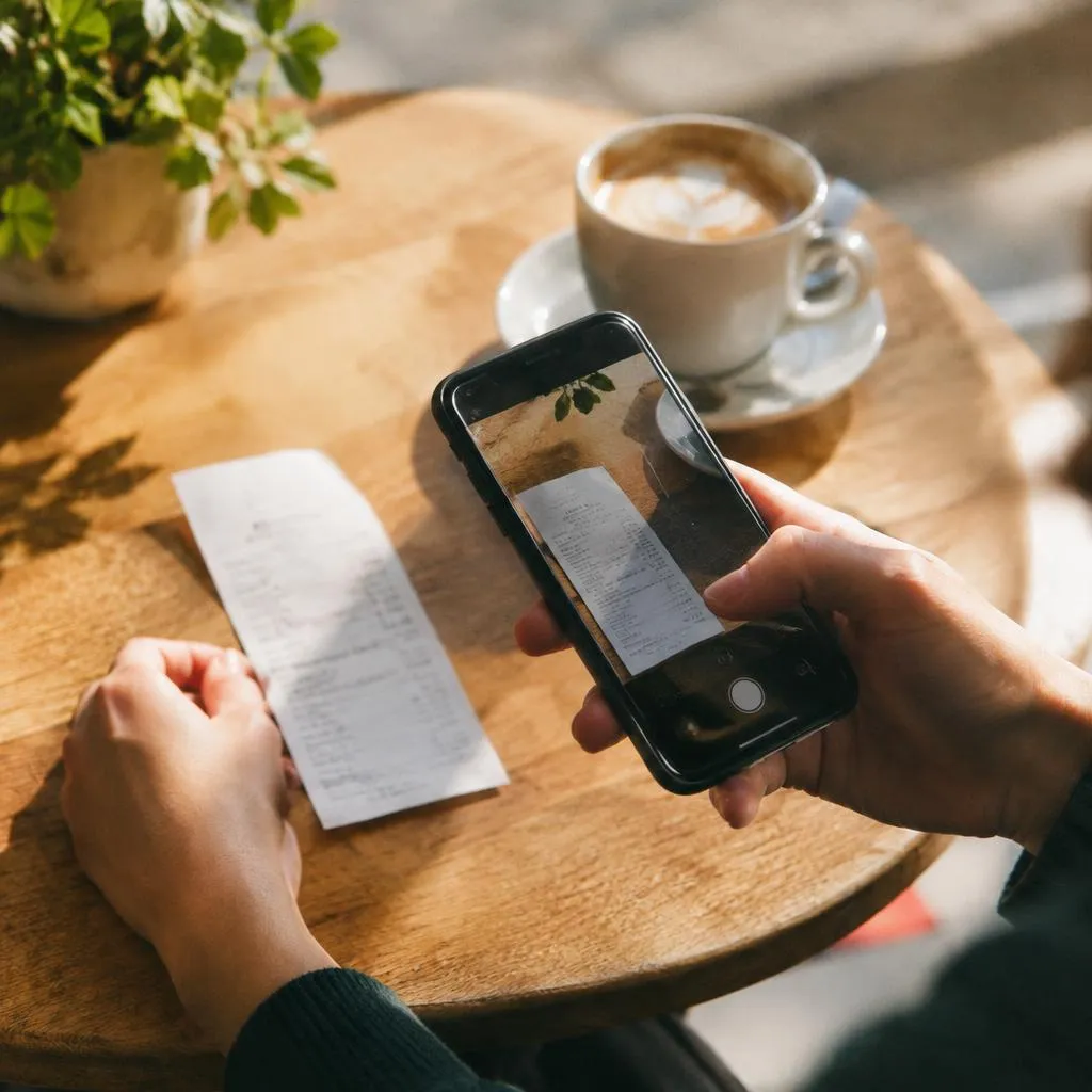 Hand photographing a receipt with a phone at a cafe table