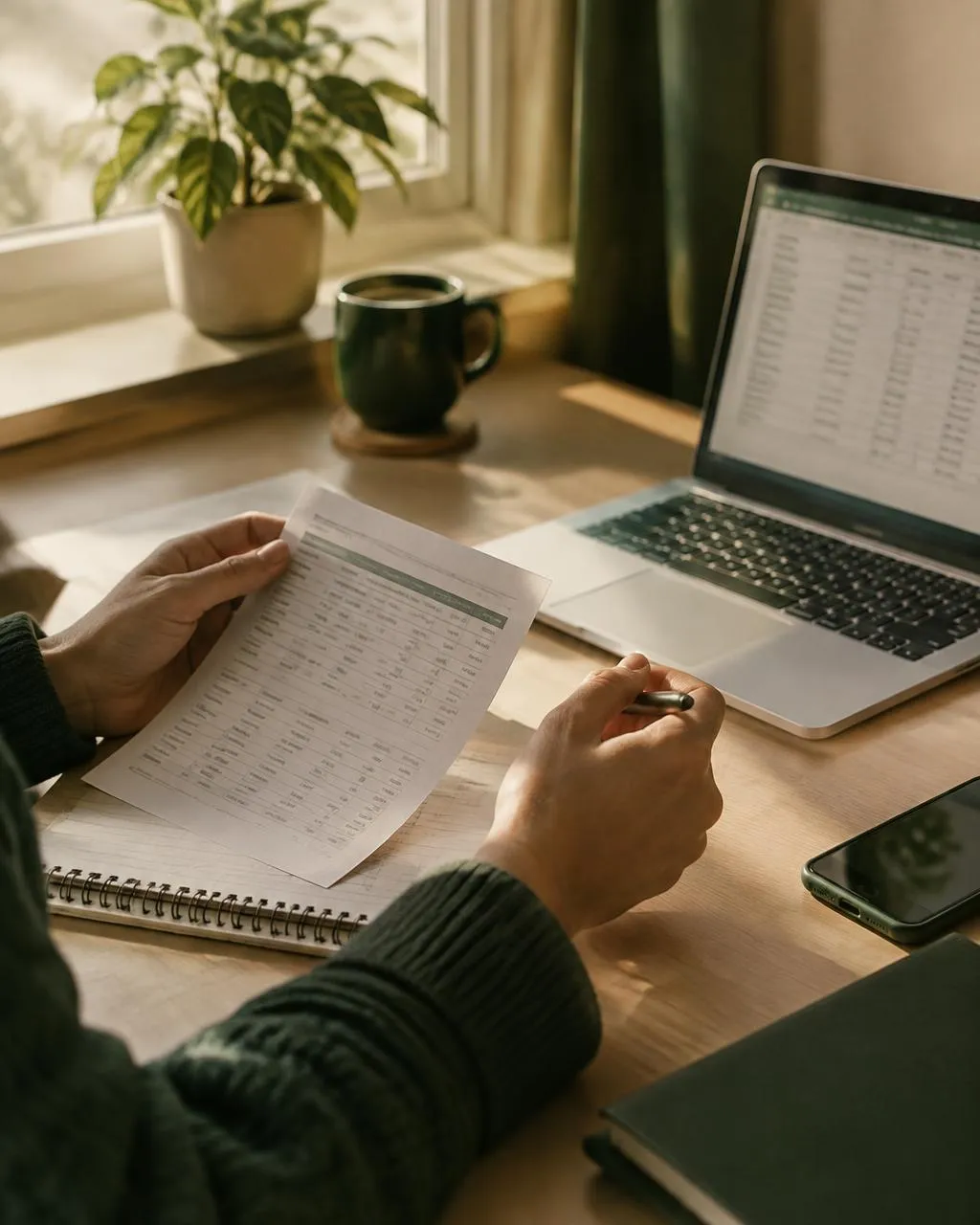 Hands matching a bank statement to a laptop ledger