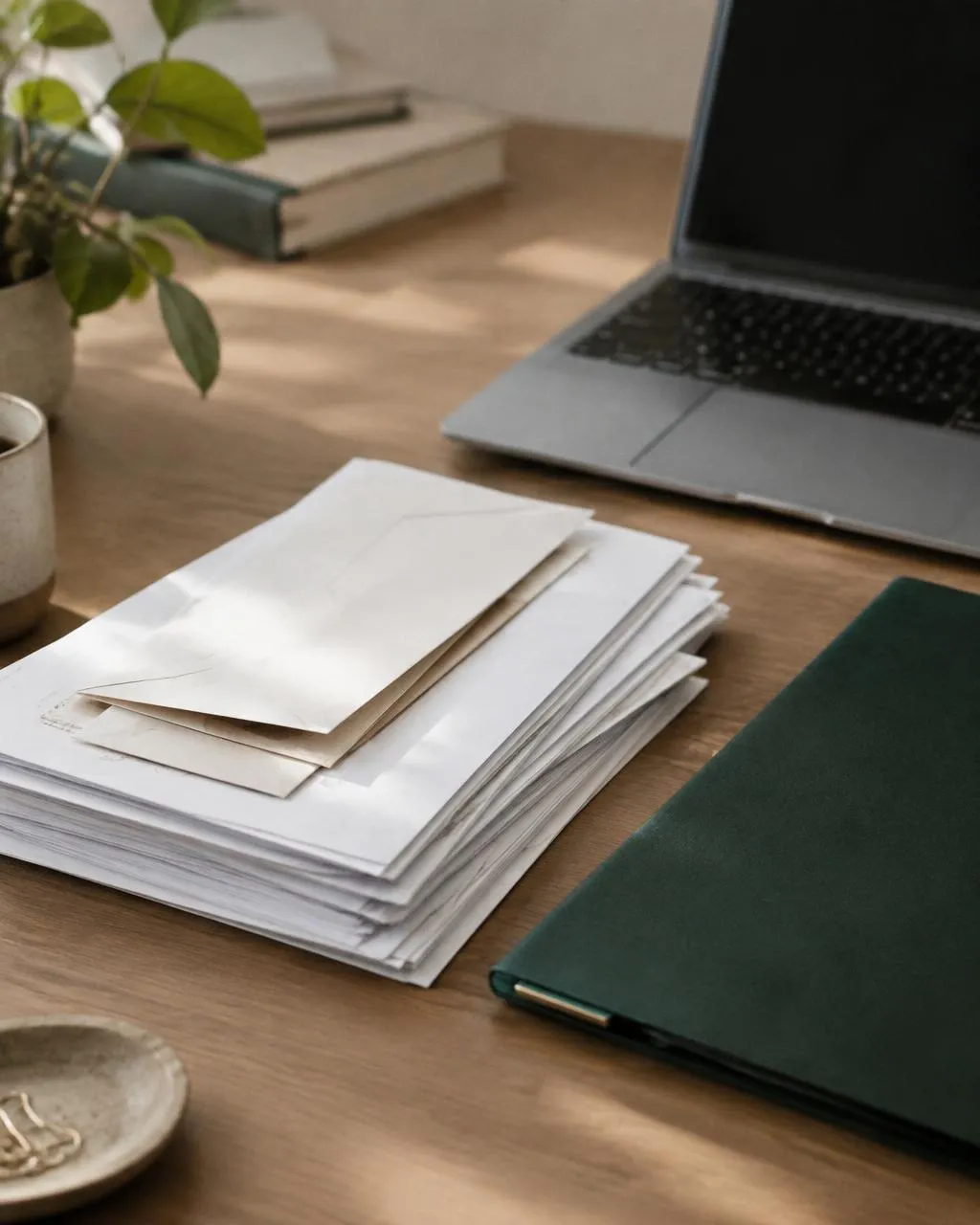Neat stack of invoices and envelopes beside a laptop and green folder