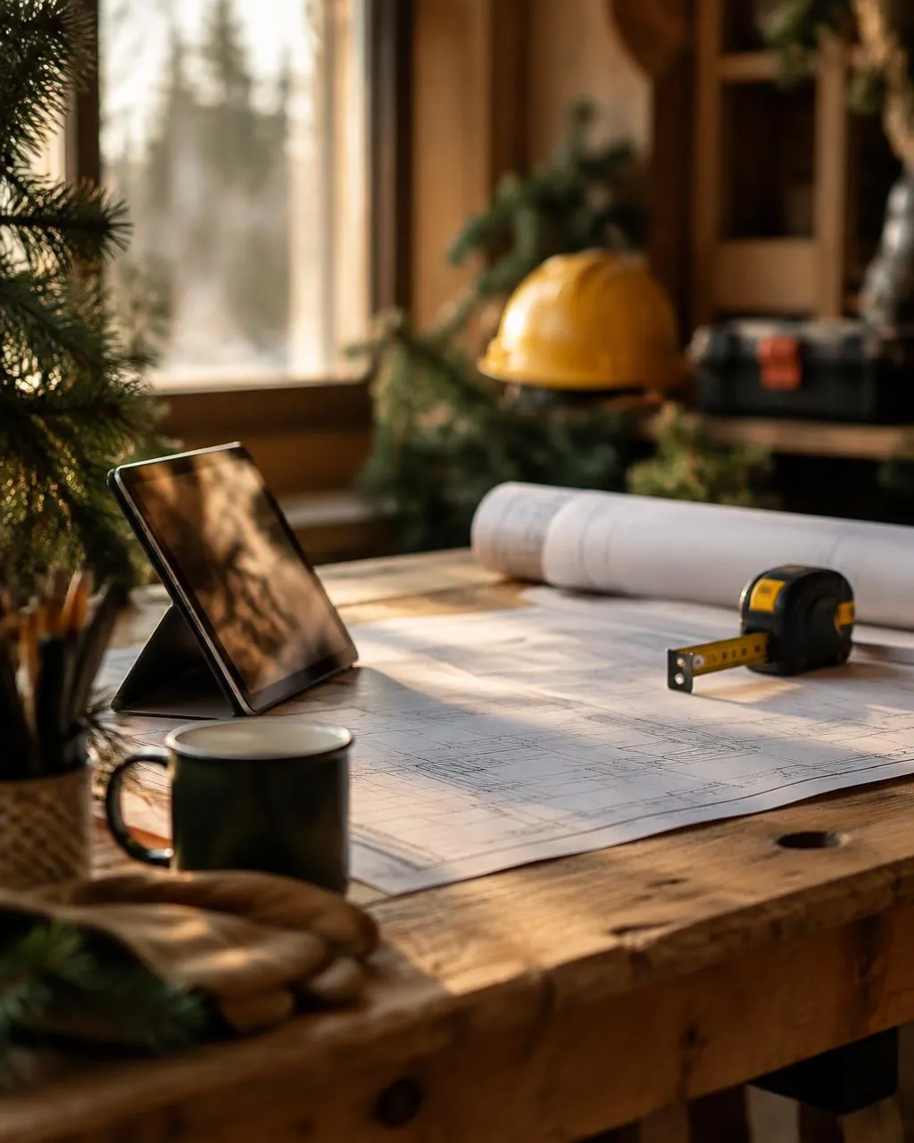 Contractor workbench with blueprints, tablet and tape measure