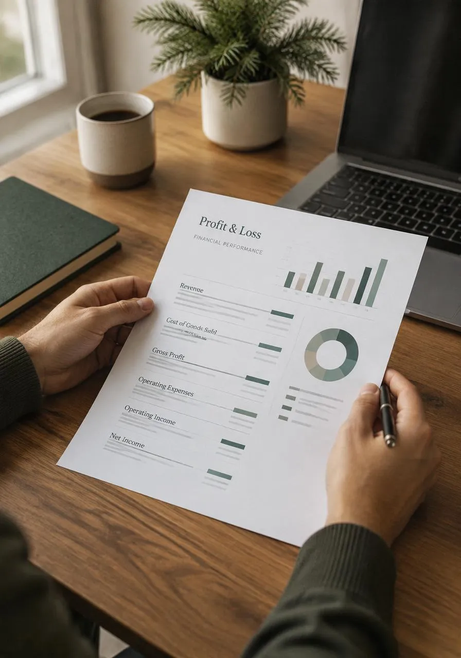 Business owner reviewing a printed profit and loss report beside a laptop